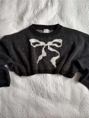 Urban Outfitters Out From Under Knit Black Sweater with Cream Bow Graphic